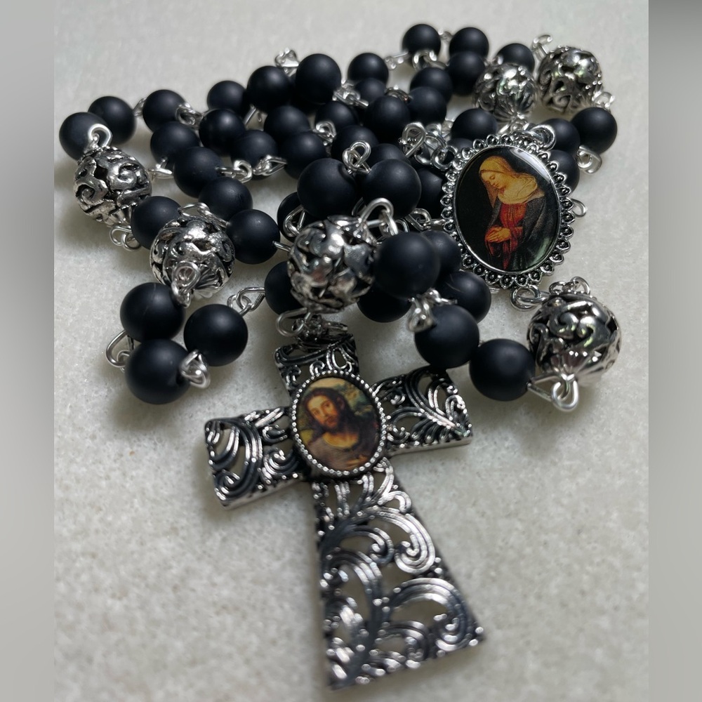 One of a kind Handcrafted Rosary Black Glass & Silver Ornate Filigree Accents